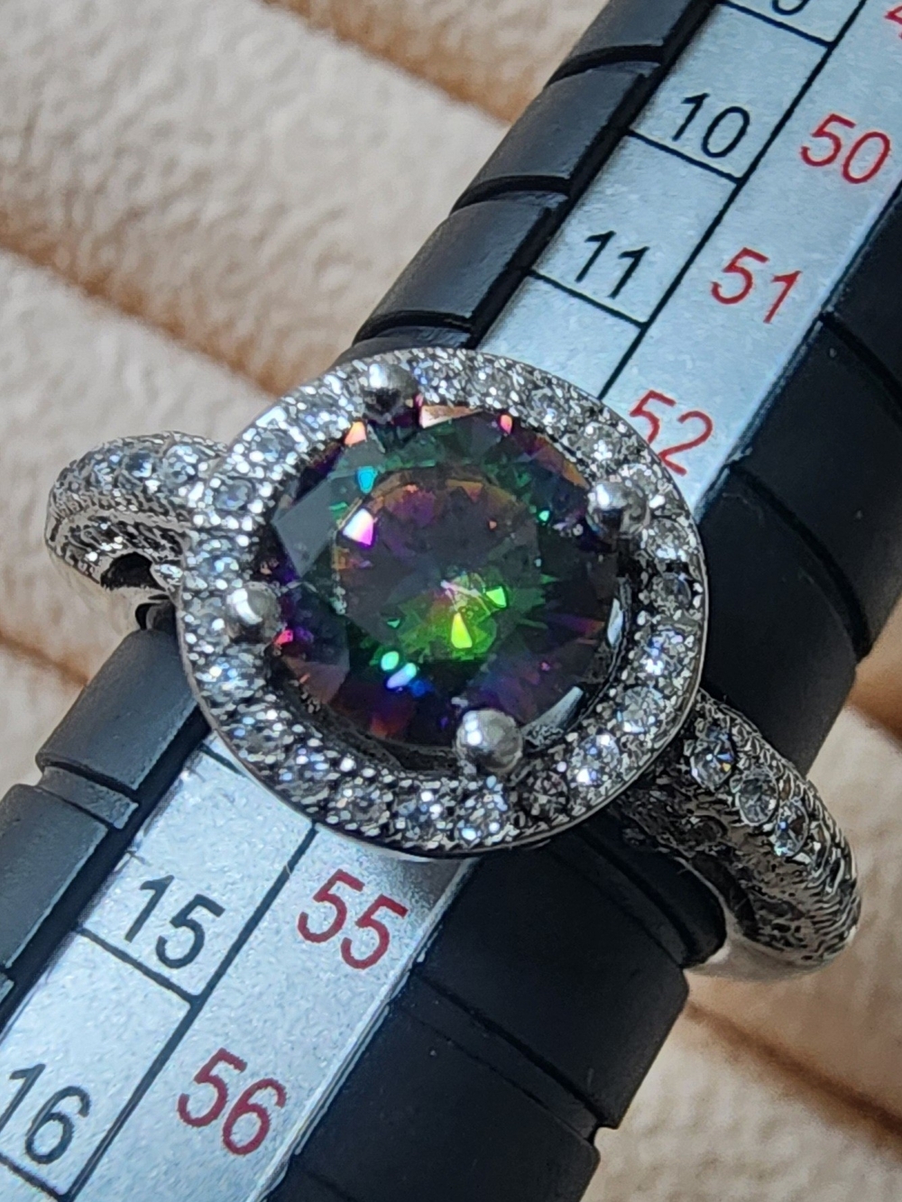 Mystic Topaz Halo .925 Silver Ring - Green Purple‎ Center Size Approx Size 6.75